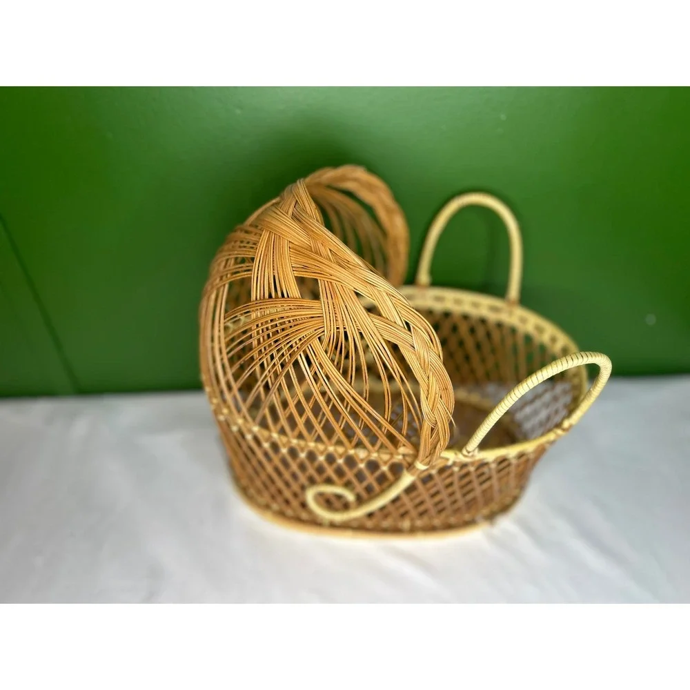 Vintage Wicker Doll Bassinet Miniature Rattan Cradle Hooded Basket Boho Decor